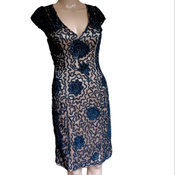 Sue Wong Beaded Black Dress Crochet Flowers 4 - Picture 5 of 12